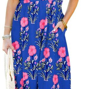 Women's Summer Maxi Dress Polyester V Neck Short Sleeve Flowy Casual
